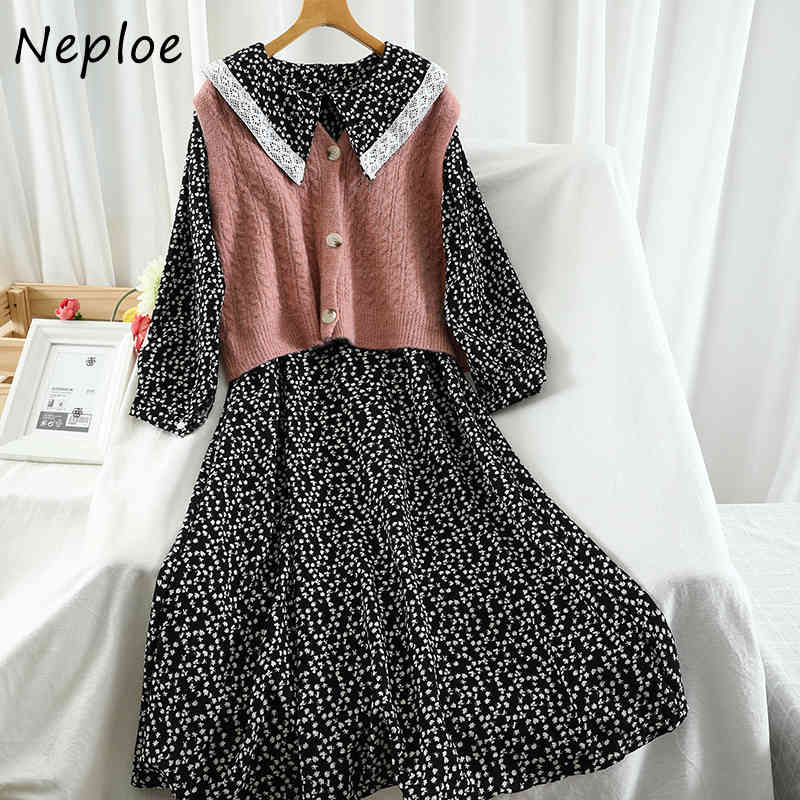 Neploe Vintage Suit Peter Pea Collar Chic Floral Print Dress Single Breasted Knitted Vest Preppy Style 2 Piece Set 94491 210422