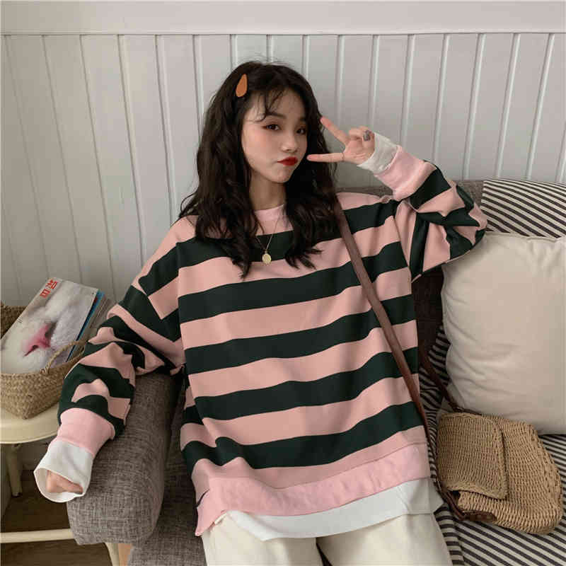 2 colors autumn winter preppy style Women stripe Sweatshirts korean faux two pieces Sweatshirt Womens pullovers (CX8086) 210423