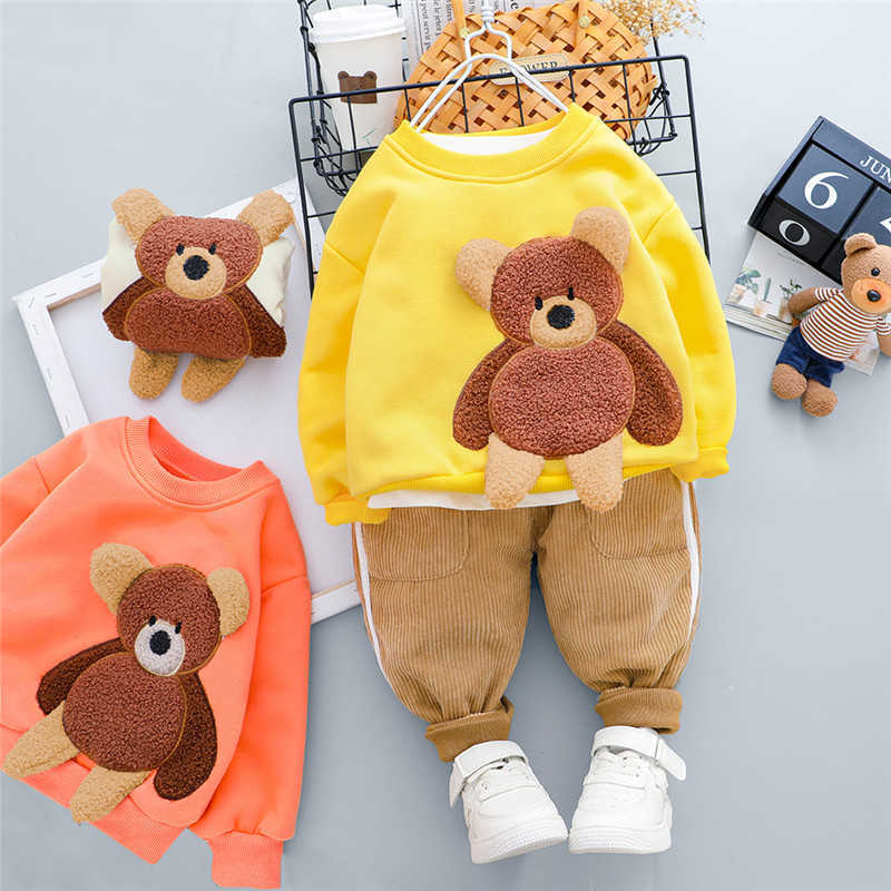 0-4 years boy girl clothing set winter active cartoon bear thicken kid child toddler baby clothes 210615