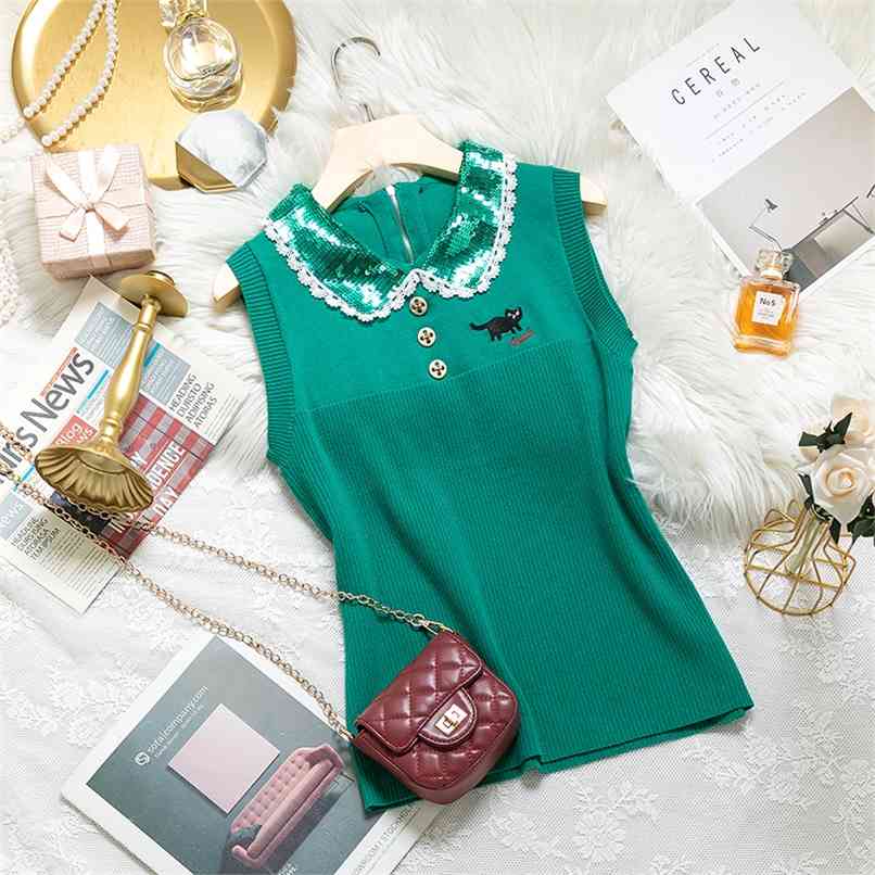 Fashion embroidered sequined doll collar knitted sleeveless vest summer slim top women's clothing 210520, Sky blue
Fashion embroidered sequined doll collar knitted sleeveless vest summer slim top women's clothing 210520, Sky blue