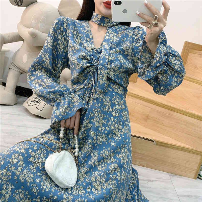 Sexy V-Neck Drawstring floral Print chiffon party Dress Retro Autumn Women Elegant Flare sleeve Beach holiday Long Robe 210519