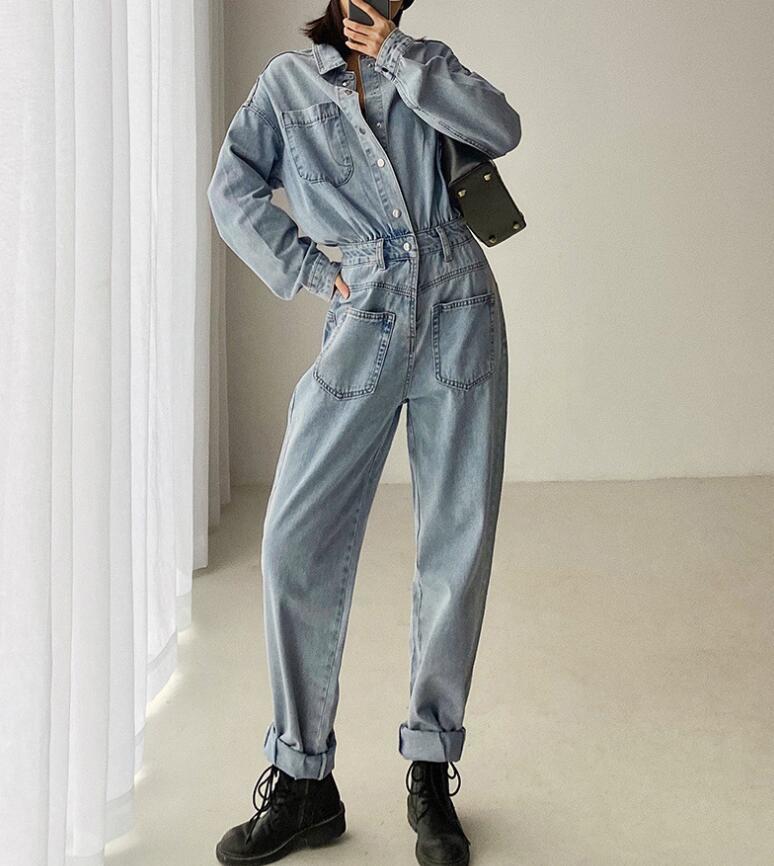 CHIC Spring Safari Denim COOL Women Jumpsuits Buckle Belt Sashes Long Sleeve Bodysuits Pants Jeans Romper Playsuits 210429