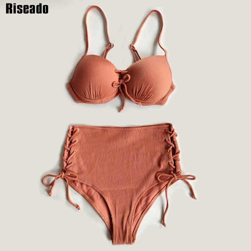 Riseado High Waist Bikini Push Up Swimwear Women's Swimsuit Yellow Bikinis Lace Sexy Biquini Strap Bathing Suit Summer 210625