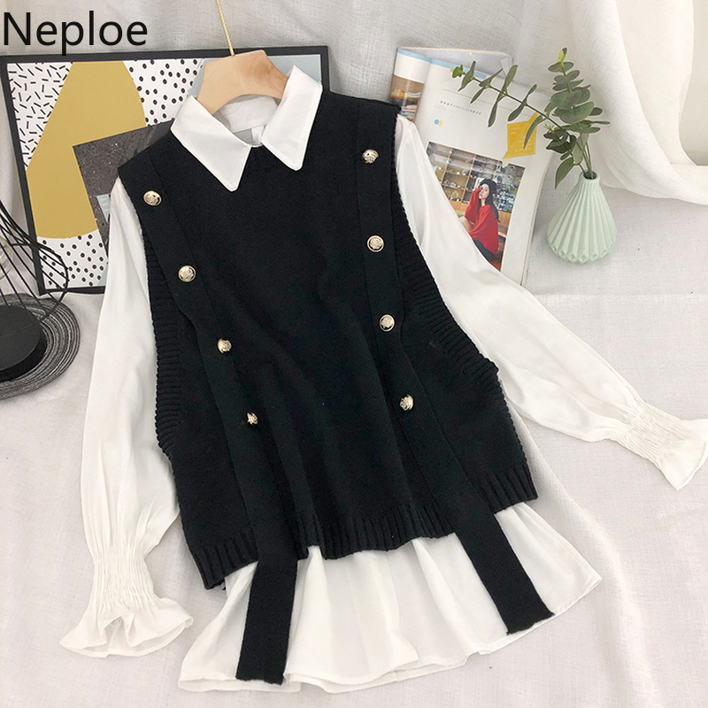 Neploe Korean Suit 2 Piece Set Women Preppy Style Loose Woman Clothes White Shirt Tops Knit Sweater Vest Two Piece Set Blouses 210422