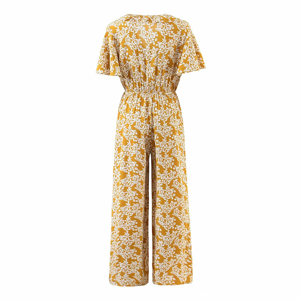 BBWM Elegant Beach Vacation Floral Jumpsuit Boho Wide Leg Long Romper Jumpsuits Deep V-neck Tie A Knot Summer Jumpsuit 210520