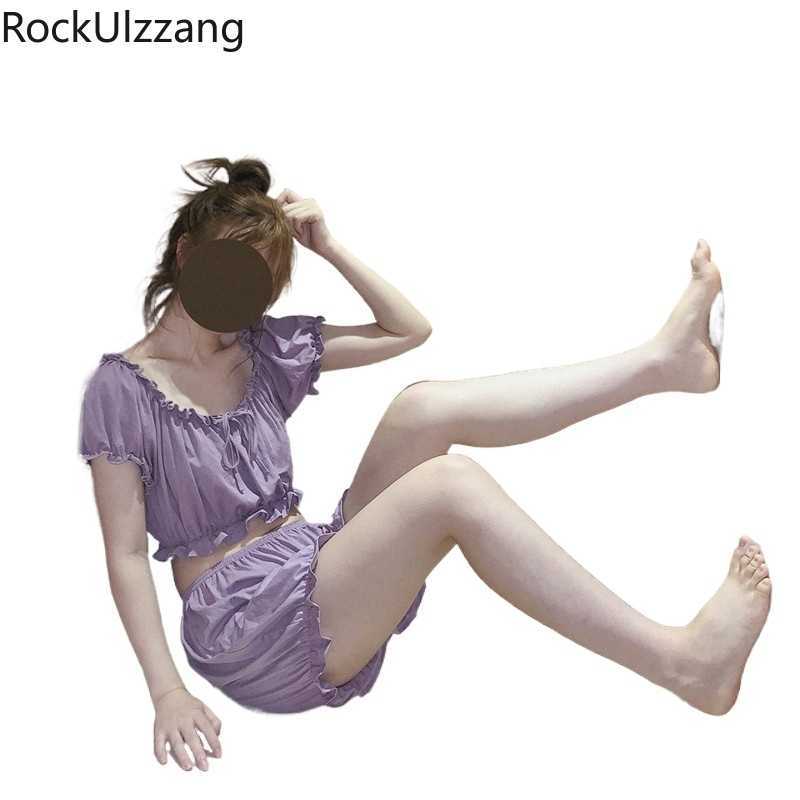 White Purple Red Solid Sexy Drawstring Ruffles Neck Summer Crop Top Lolita Cute Short Lounge Set Two Piece Pajama Cotton Sleep 210622