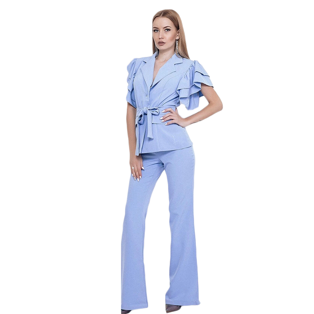 Summer Purple Girls Pants Suits Women 2 Pieces Ruffles Short Sleeve Evening Party Prom Blazer Tuxedos Formal (Jacket+Pants)