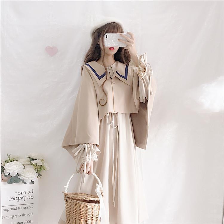 Japanese Kawaii Two Pieces Set Women Long Sleeve Cute Dress + Loose Cape Cloak Jacket Casual Sweet Outfits Suit 210519