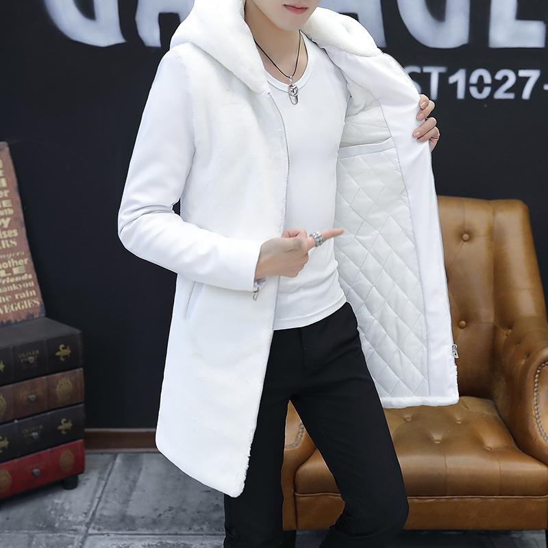 Mens Fur Faux Fashion Mens Leather Warm Long Coat Collar Outwear Black White Wint