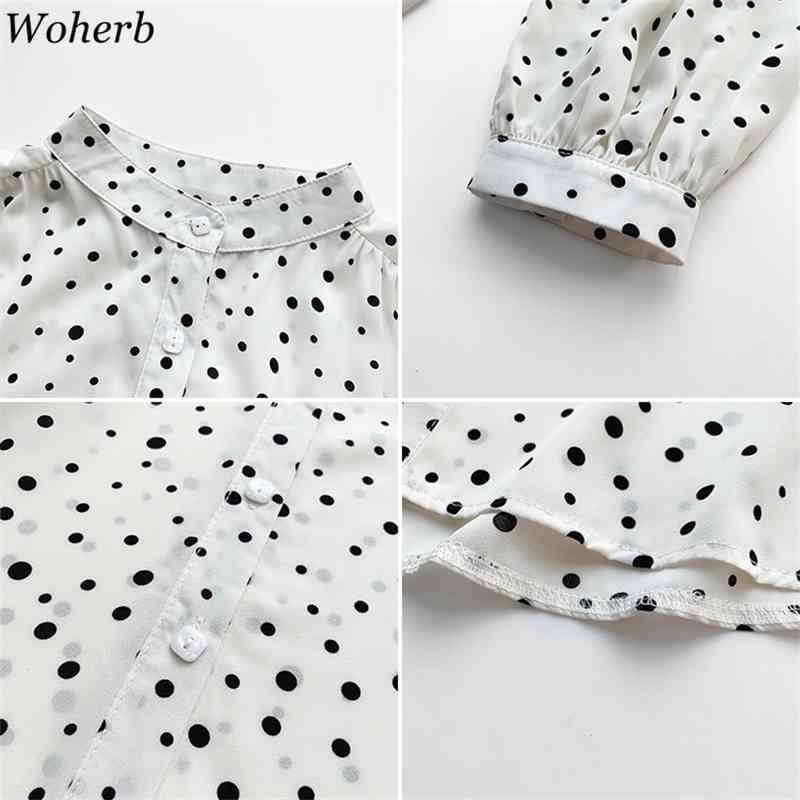 Camisas Mujer Polka Dot Chiffon Blouses Women Spring Vintage Shirts Stand Neck Lantern Sleeve Fashion Blouse Tops Femme 210519
