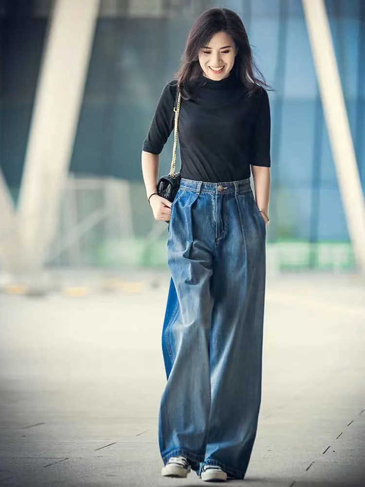 Jeans Women's Wideleg y2k Streetwear High Waist Vintage Trousers Casual Simple Blue Buttons Straight Denim Long Pant 210922