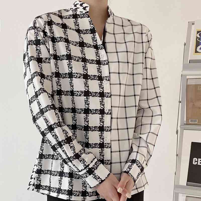 Causal Women Black White Plaid Patchwork Shirts Fashion Ladies Stand Collar Tops Streetwear Female Chic Button Blouses 210430