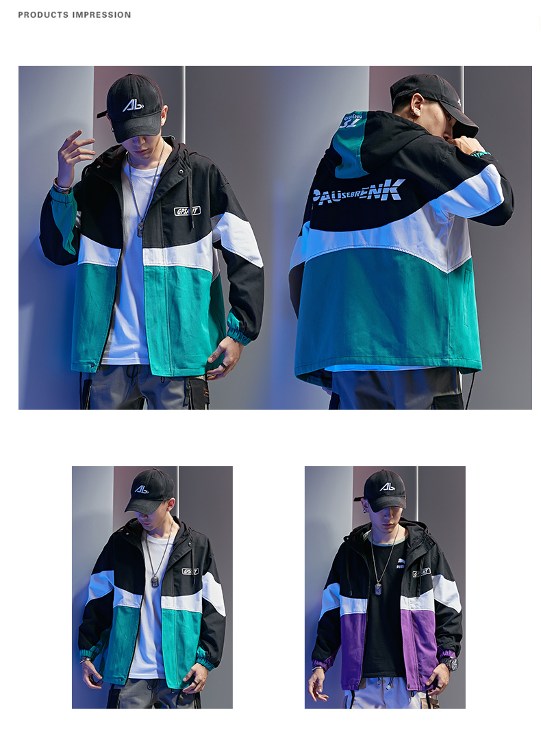 Autumn Oversize Hooded Jacketet Men Printed Multicolor Splicing Ribbon Personally Fashion Windbreaker Coat Men Clothing