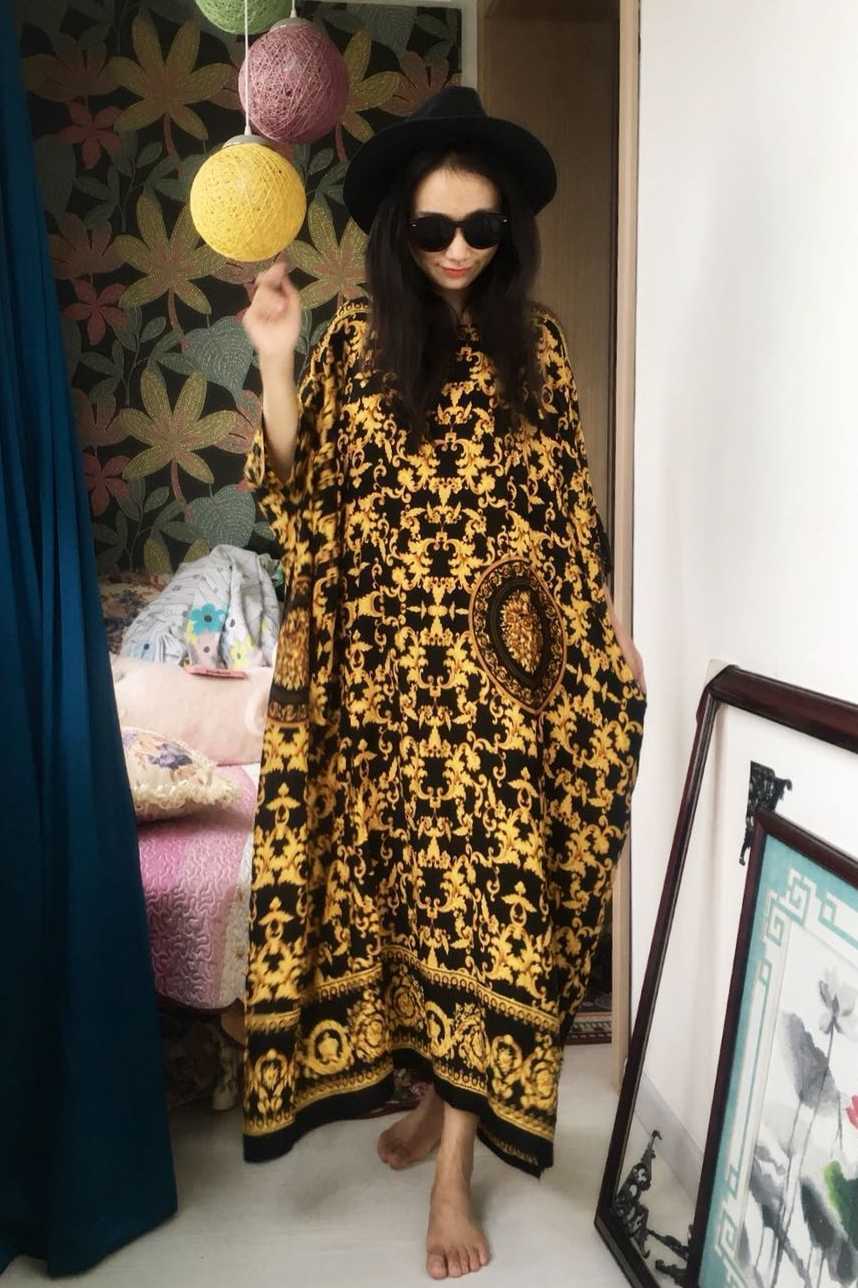 Vintage Floral Printed Bohemian Plus Size Loose O Neck Dresses Dubai Beach Travel Batwing Sleeve Ankle-Length Women Dress 210615Z