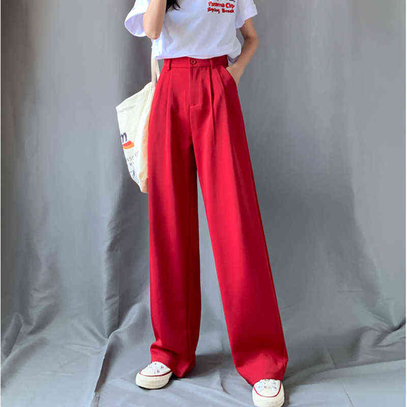Seoulish Summer Autumn Ice Silk Women Wide Leg Pants High Waist Elegant Long Work Casual Loose Trousers Female 211115
