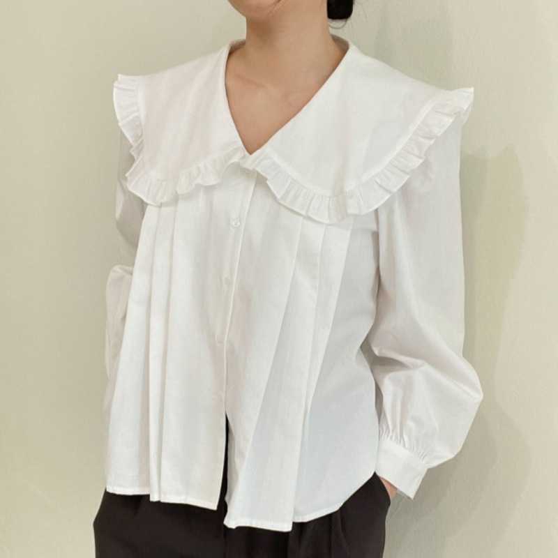 Ruffle Peter Pan Collar Women Shirts Causal Puff Long Sleeve Blouse Korean Solid Blusas Mujer 6G806 210603