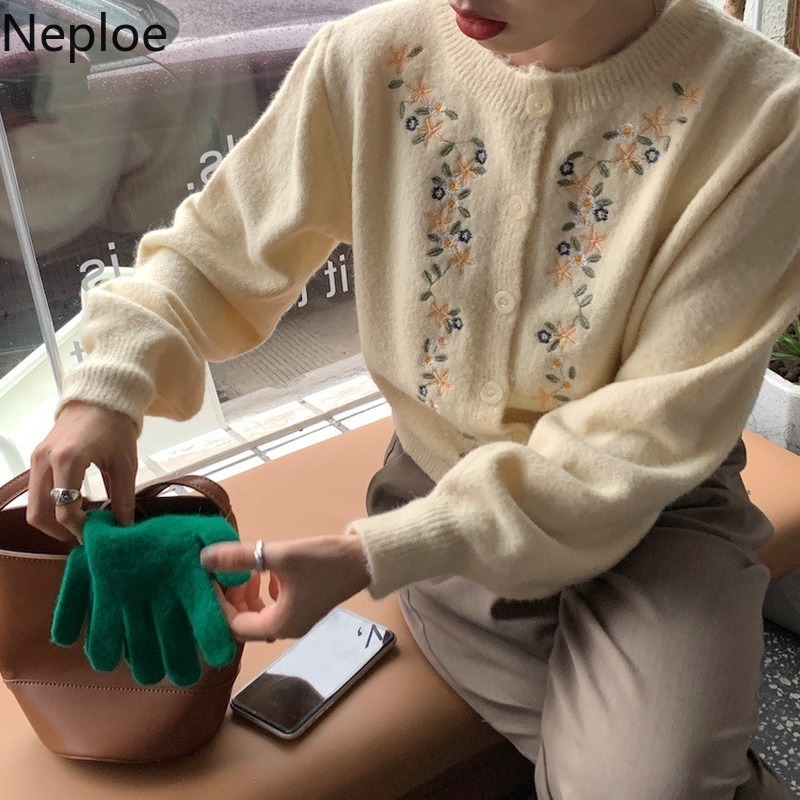 Neploe Embroidery Floral Sweates Women O-neck Knitted Cropped Cardigan Single Breasted Vintage Sueter Coat Woman Clothes 4H376 210422