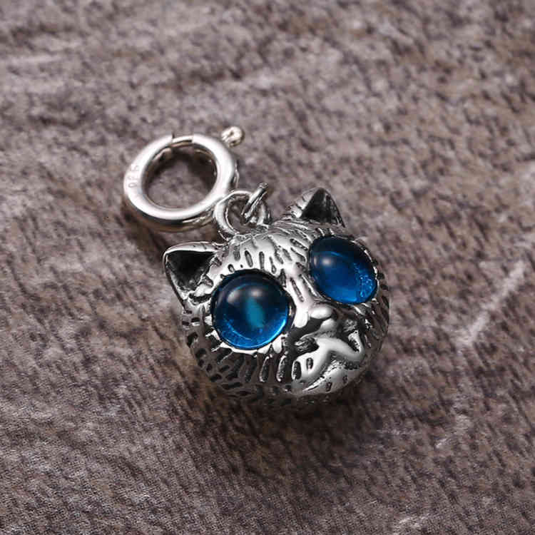S925 Sterling Silver Blue Cat Head Pendant Cute Cartoon Sweet Old Necklace for Men and Women N974c