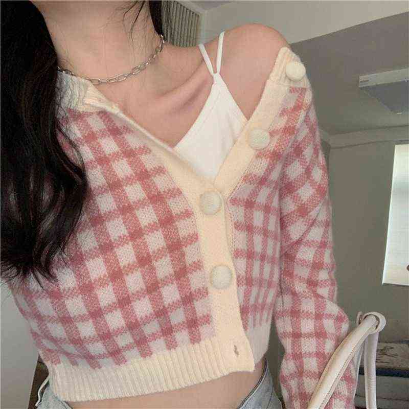 OCEANLOVE Plaid Sweaters Women Short Slim Korean Ins Fashion Autumn Winter Cardigans Sweet Chaqueta Mujer 18825 211109