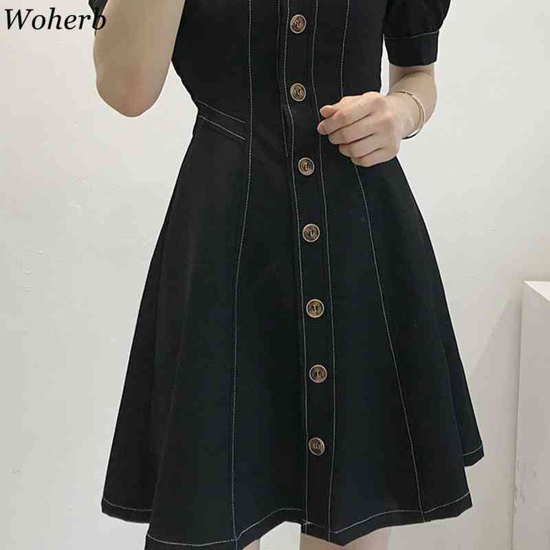 Vestidos De Mujer Square Collar Korean Chic Robe Summer Elegant A Line Dress High Waist White Woman Dresses 4j616 210519