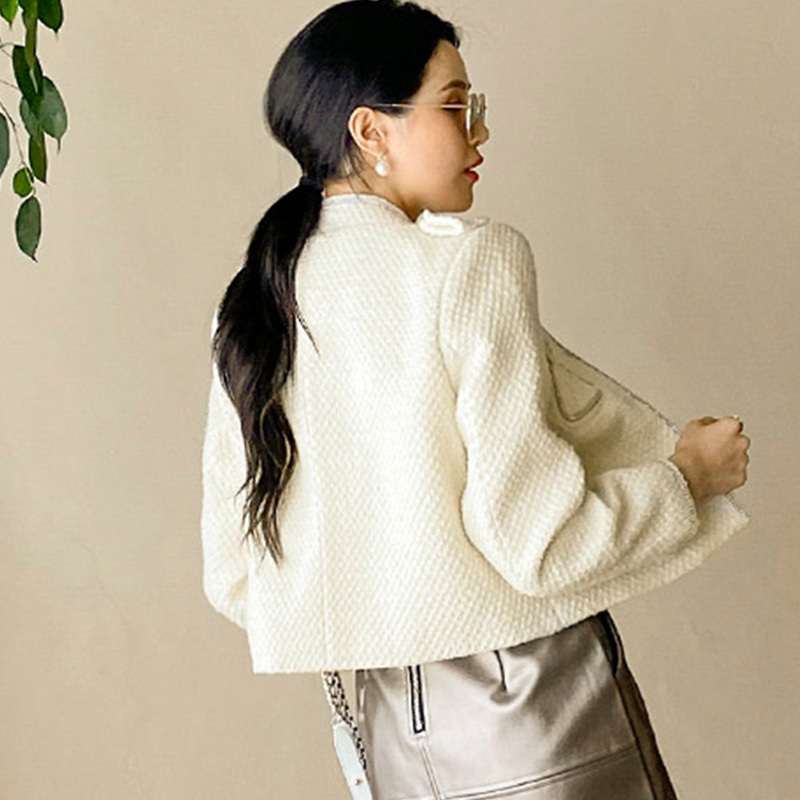 Autumn And Winter White Coat Women Short Ladies Runway Style Diamond Wool Tweed Woven Jacket 210520
