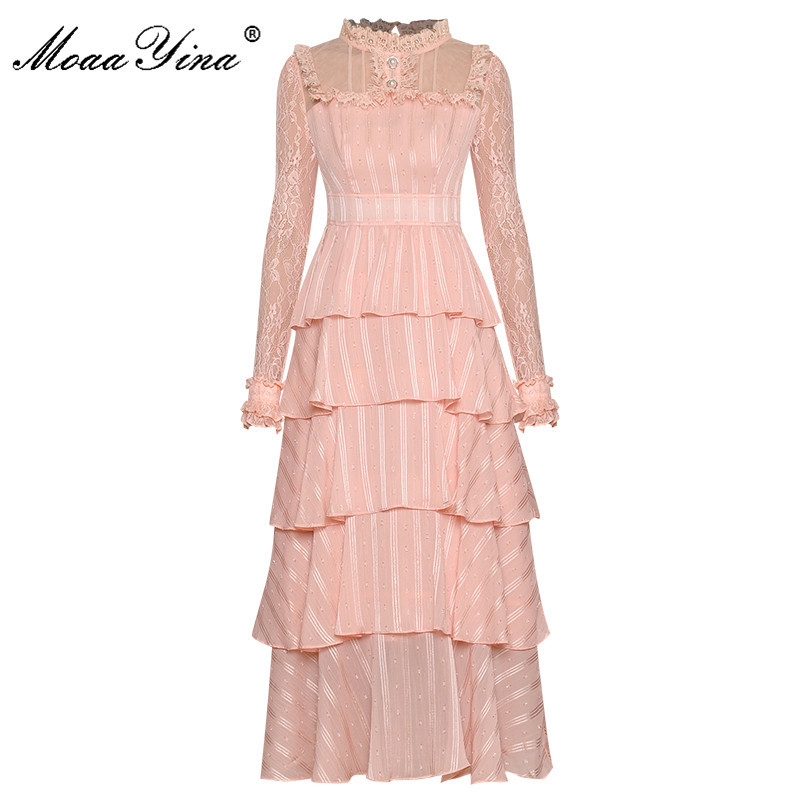 Fashion Runway dress Spring Women Dress Lace Stand collar Mesh Long sleeve Cascading Ruffle Elegant Party Cake Dresses 210524