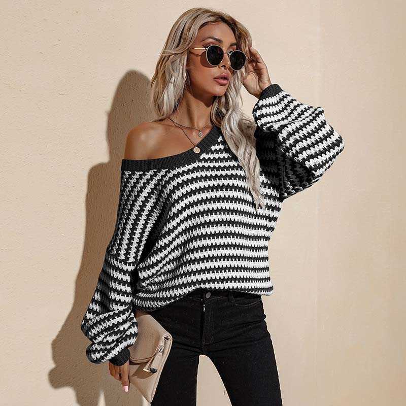 Autumn Winter V Neck Sweater Pullover Women Loose Off Shoulder Sweater Ladies Long Sleeve Jumper Sweater For Women Knitwear 211014
