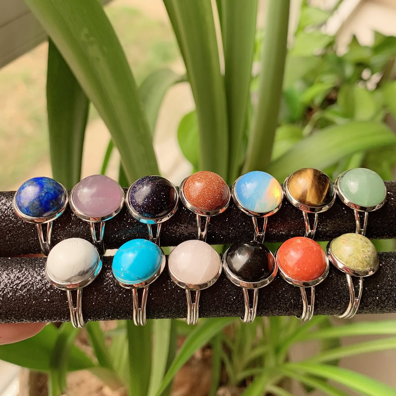 12mm Natural Stone Rings silver gold color Open Adjustable Turquoise Amethysts Pink Quartz Crystal Women Ring Party Wedding