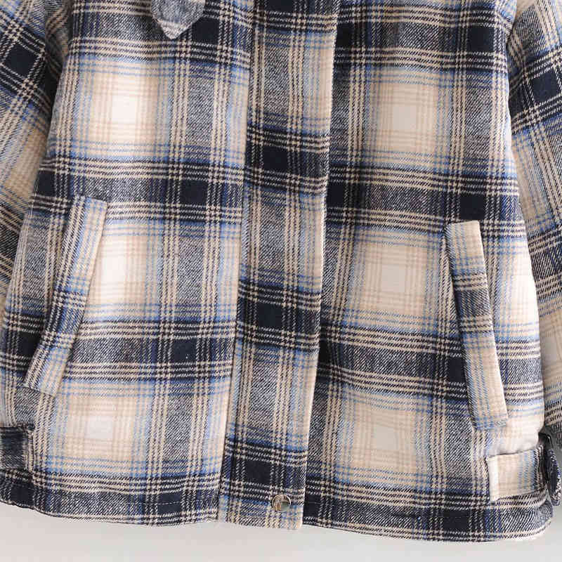 Lapel Long Sleeves Thick Warm Vintage Lattice Lambswool Women's Jacket Coat Fashion Loose with Pockets Chic Female Tops 210507