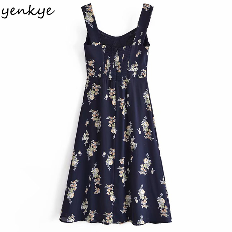 YENKYE Summer Women Vintage Floral Print Sexy Slits Dress Female V Neck A-line Midi Tank Chiffon Dress Prairie Chic Holiday Robe 210515
