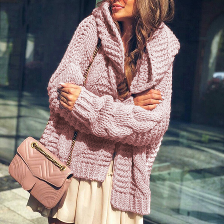 Design Women Autumn Winter Twist Zipper Hooded Sweater Coat Knitted Cardigan Jacket Oversized Long Lantern Sleeve Outwear
