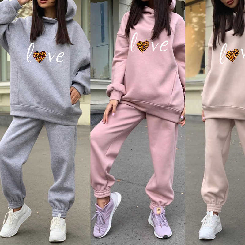 Letter Print Two Piece Set Oversized Hoodie Women's Tracksuit Fleece Long Sleeve Hooded Suit Female Casual Sportwear Pants Sets 210709