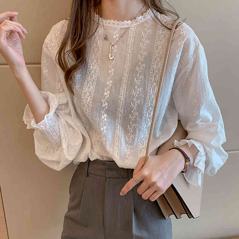 Spring Long Sleeve Blouse Blusas Mujer De Moda Women Embroidery Lace Shirt Linen Cotton Girls 6874 210510
