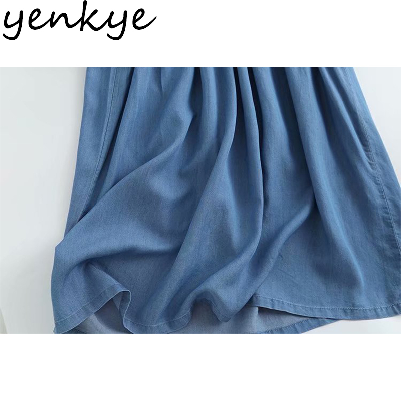 YENKYE Vintage Blue Denim Dress Women V Neck Long Sleeve Floral Embroidery Casual Summer Dress Plus Size Midi Vestido 210515