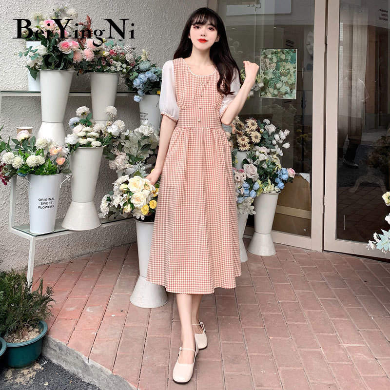 Summer Short Sleeve Plaid Midi Dresses Womens Sweet Kawaii Casual Loose M-4XL Dress Buttons French Chic 210506