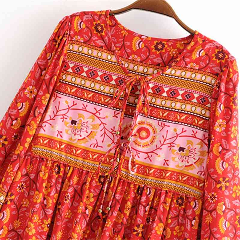 beauty Fashion Boho Floral Print Maxi Dress Women Holiday Chic Bow Tie O-neck Long Dresses Female Loose Beach Wear 210514