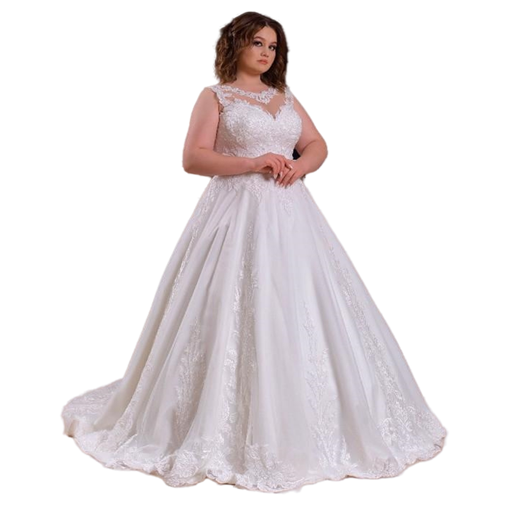 2022 Vintage Plus Size A Line Wedding Dress Jewel Neck Lace Appliqued Ivory Tulle Bridal Dresses Long Wedding Gowns Sleeveless Summer robes de mariée