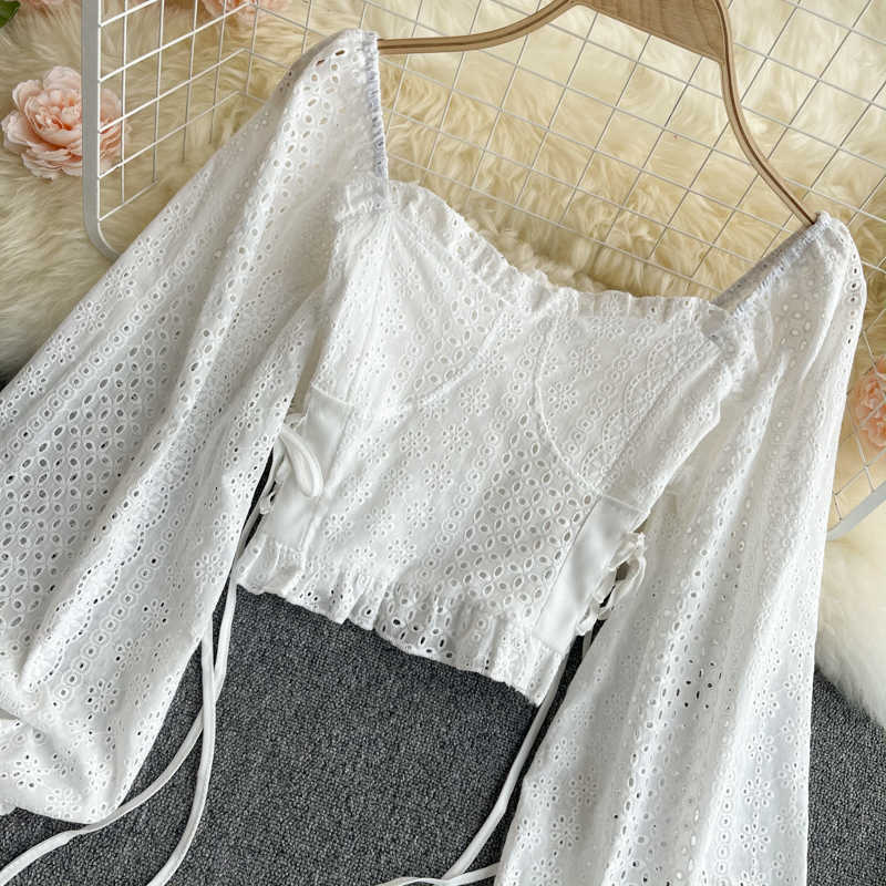 Fashion Women Court Square Long Sleeve Thin Lace Shirt Tops Lady White Elegant Blusas Rojas Mujer Blouse R477 210527