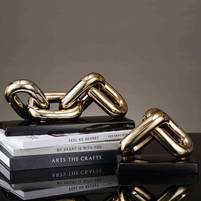 Nordic golden chain sculpture decorations office study desktop ceramic crafts Figurines Ring Chain Porcelain Home decor ornament 211108