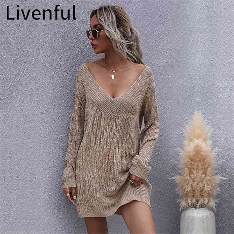 ly Low-Cut V-Neck Sexy Sweater Long Sleeve Knitwear Pullovers Loose Female Bottoming Off-The-Shoulder Dress Jumper Tops 210914