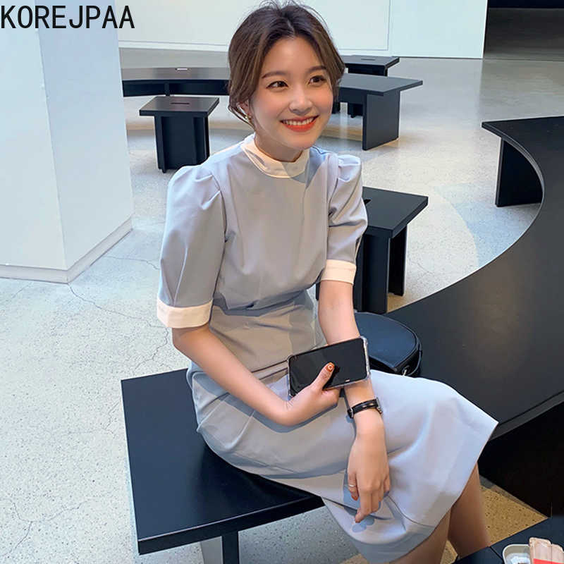 Korejpaa Women Dress Summer Girls French Stand-Up Collar Contrast Back Bow Slim-Fit Pleated Waist Puff Sleeve Slit Vestidos 210526, Blue
Korejpaa Women Dress Summer Girls French Stand-Up Collar Contrast Back Bow Slim-Fit Pleated Waist Puff Sleeve Slit Vestidos 210526, Blue