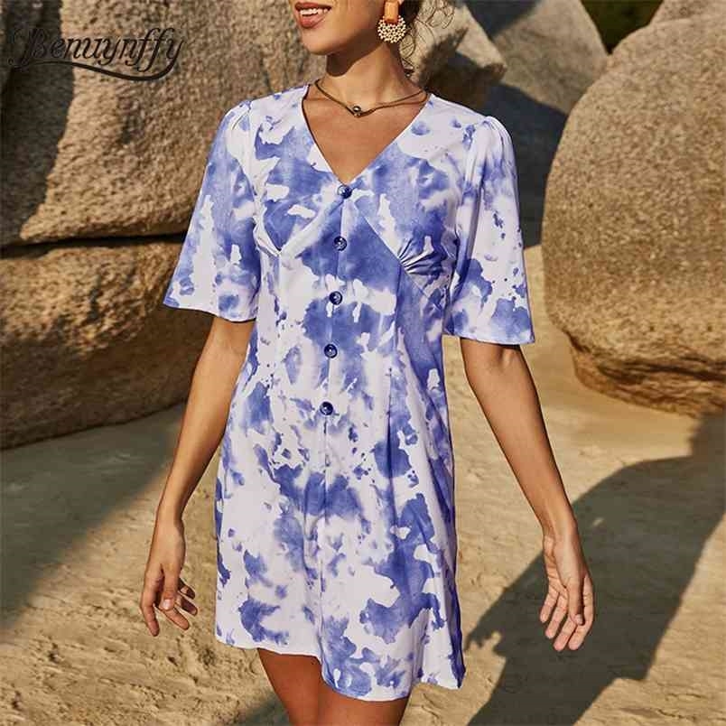 V-neck Tie Dye Button Women Vintage Dresses Summer Short Sleeve Female Casual A-Line Dress Elegant Vestidos 210510