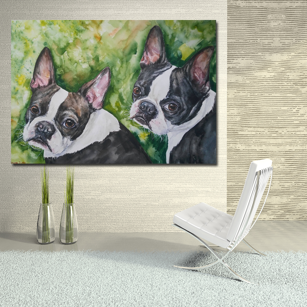 Boston Cute Sweet Dog Painting Wall Art Print Canvas Painting For Kids Room Decor Animal Picture Unframed