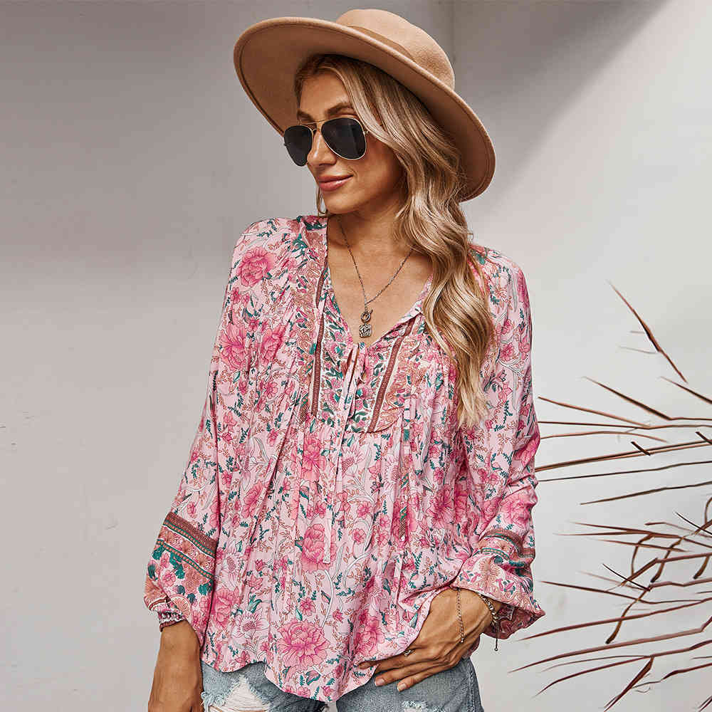 women printed blouse 80%Viscose spring summer Loose Print Women's Blouse high quality bohe style long sleeve shirts 210524