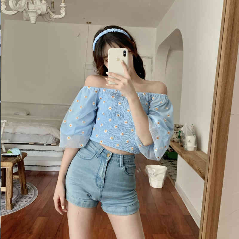 Summer Tops and Blouse Daisy Sexy Off Shoulder Lantern Sleeve Chiffon Women White Black Chemisier Femme 9933 210427