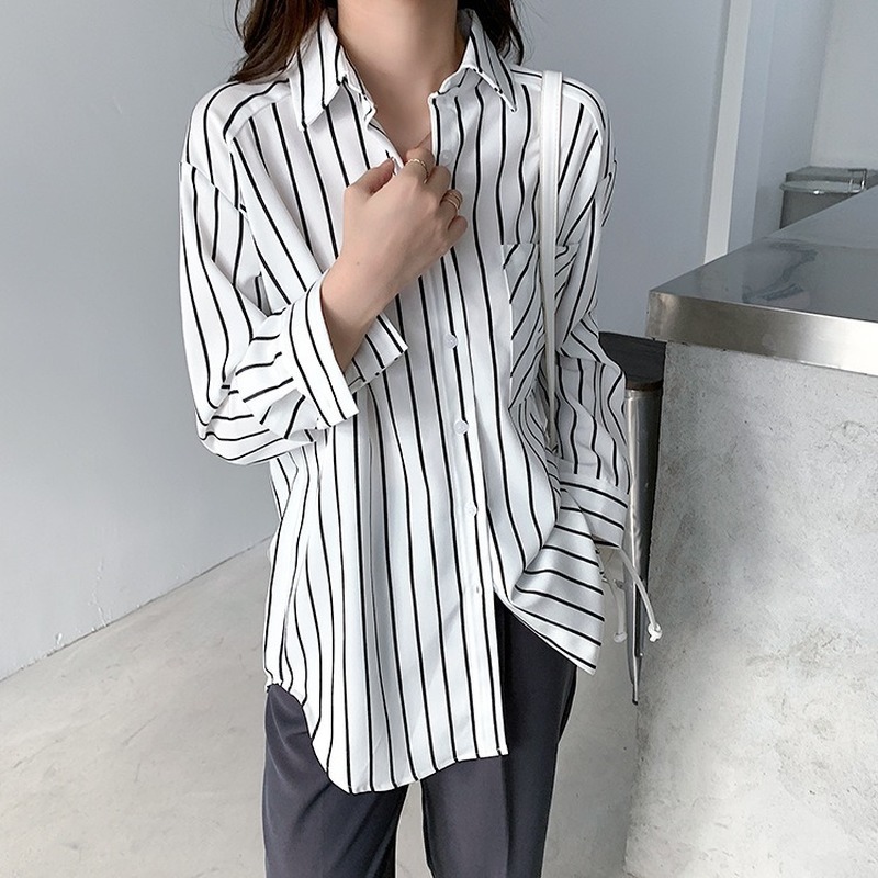 Spring Autumn Striped Women Shirt Tops Turn-down Collar Pocket Long Sleeve White Blouse Casual Loose Ladies 12574 210508