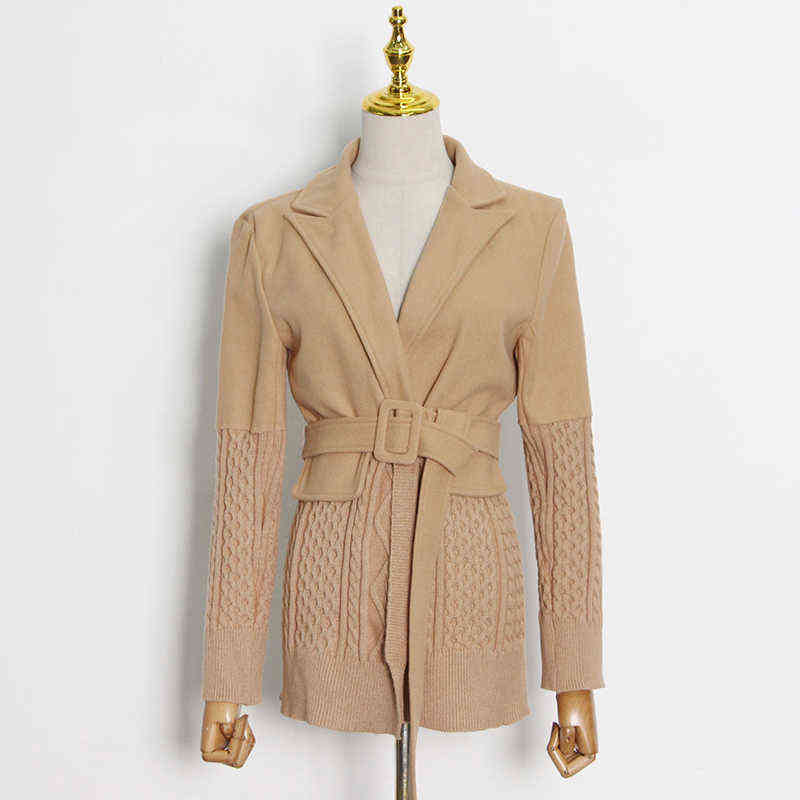 TWOTWINSTYLE Korean Fashion Female Blazer Notched Long Sleeve Patchwork Knitted Straight Loose Coats For Women Autumn Stylish 211122