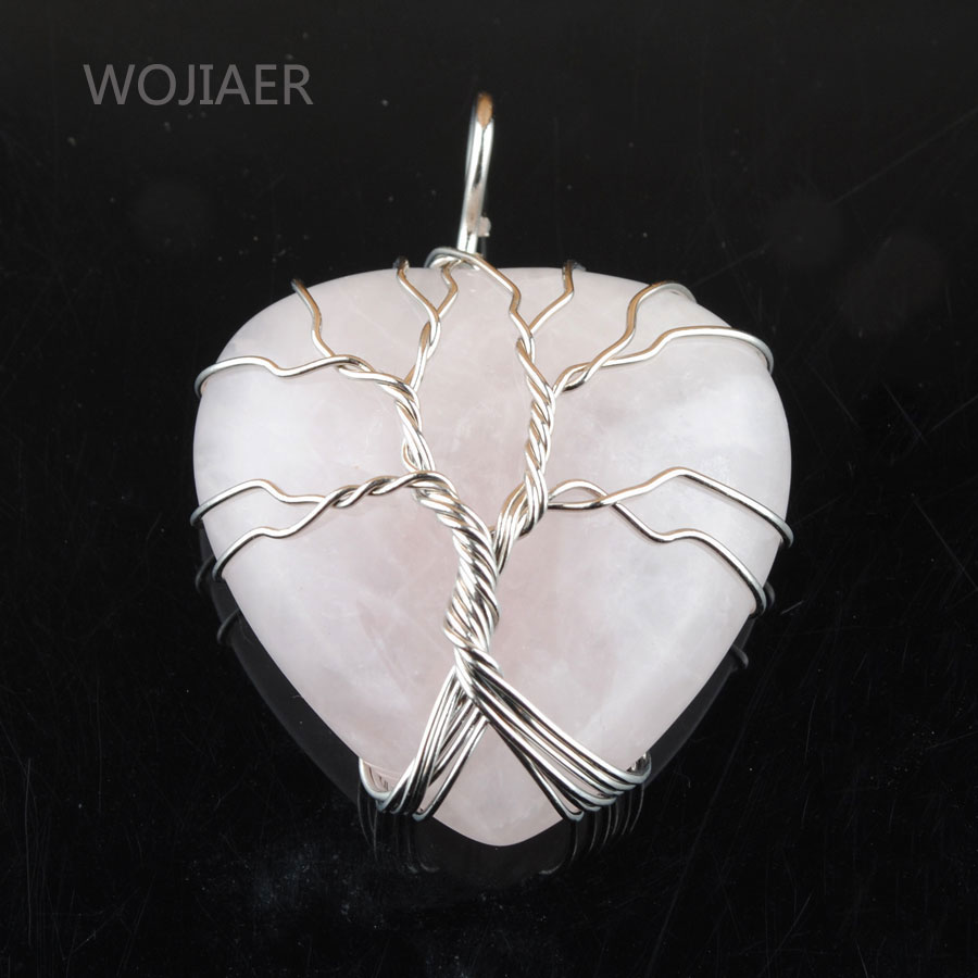 WOJIAER Silver Tree of Life Wire Wrap Water Bead Pendant Natural Golden Sand Pink Quartz Gem Stone Heart Jewelry BN362