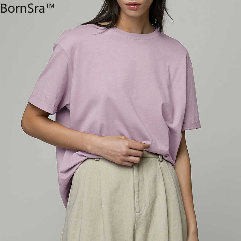 Bornsra Shirt Women's Summer Loose and Versatile Basic Cotton Bottoming Men and Women Couple Tops 210622