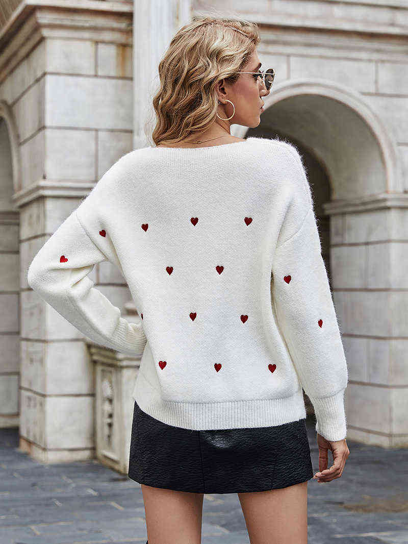 Fitshinling V Neck Embroidery Heart Sweater Women Pullover Knitwear Korean Style Kawaii Jumper Winter Casual Sweaters Tops Sale 211109